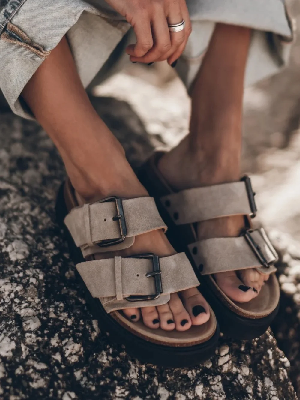 Mikuta Beige Double Buckle Suede Slide Sandals 37 - Picture 2 of 10